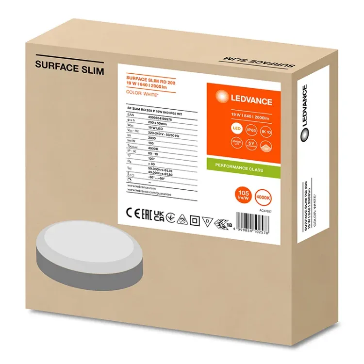 Alles LEDVANCE LED svjetiljka SURFACE SLIM IK10 RD 200 P 19W 840 WT IP65