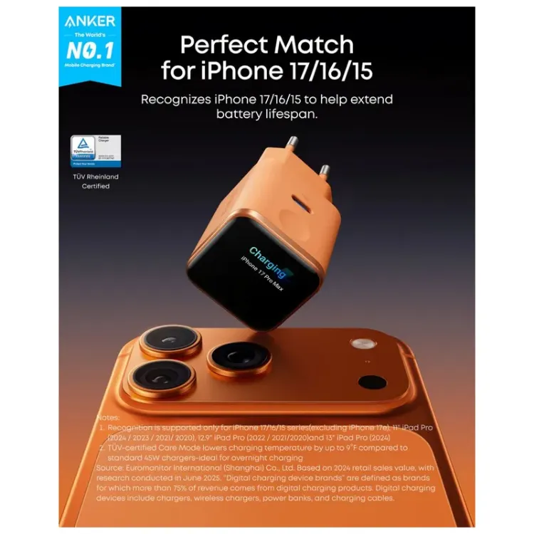 Alles ANKER punjač NANO 45W SMART DISPLAY NARANČASTI