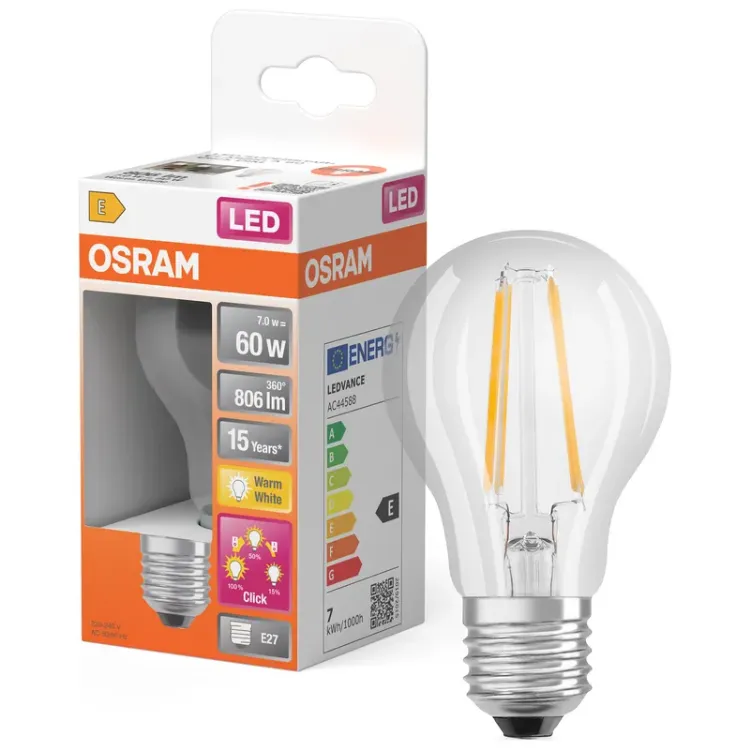 Alles OSRAM LED žarulja LED Superstar Plus Classic A 60 Filament 7W 827 E27 3step DIM