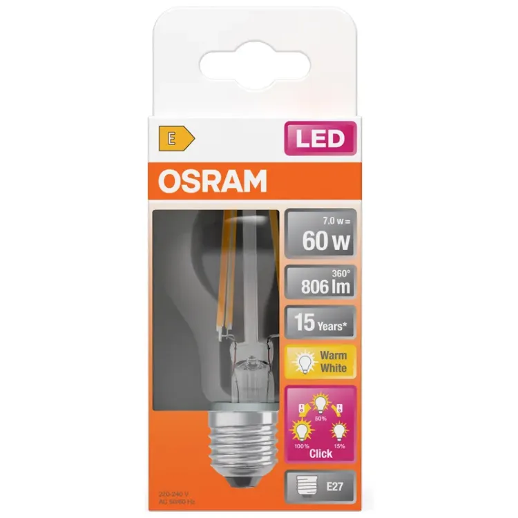 Alles OSRAM LED žarulja LED Superstar Plus Classic A 60 Filament 7W 827 E27 3step DIM